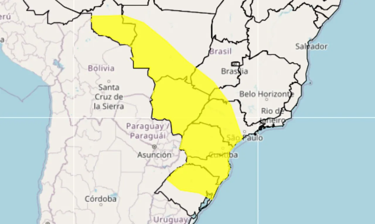 O mapa mostra as &aacute;reas em alerta para chuva intensa e ventos fortes